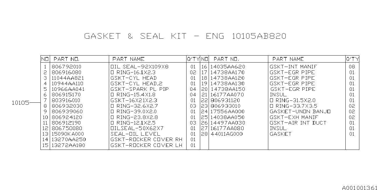 Subaru 10105-AB820 - Комплект прокладок, двигун autocars.com.ua